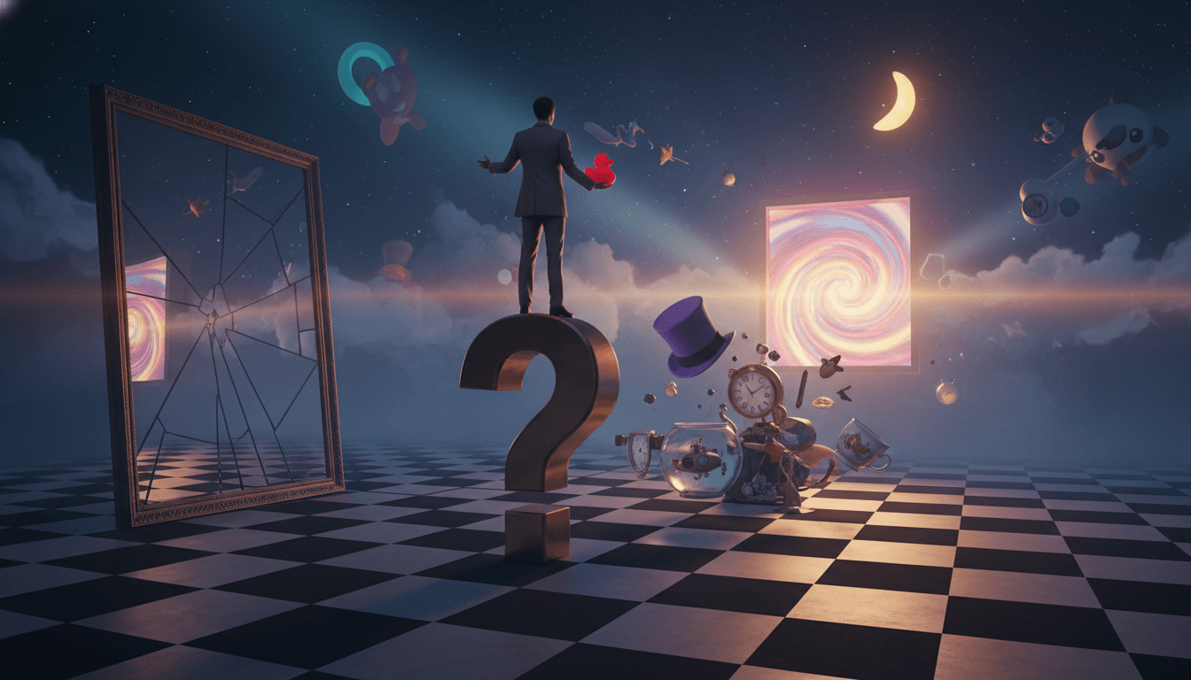 A person shrugging with a smile amidst a playfully chaotic, absurd scene.