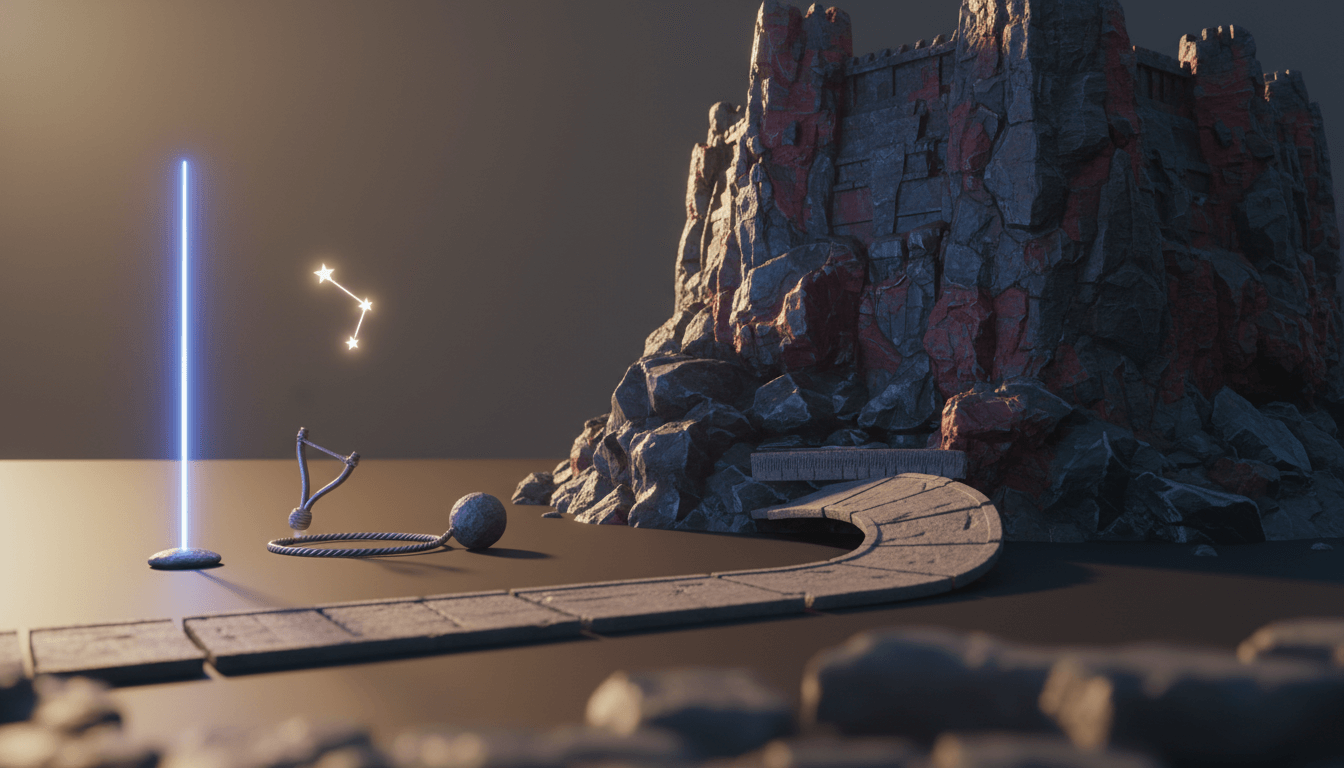 David, small yet determined, confronts the towering Goliath.