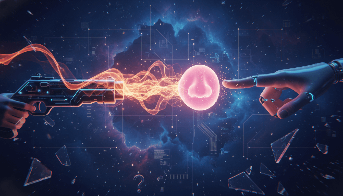 Character 'nose booping' an enemy with a gun, highlighting close-range shooting challenges.