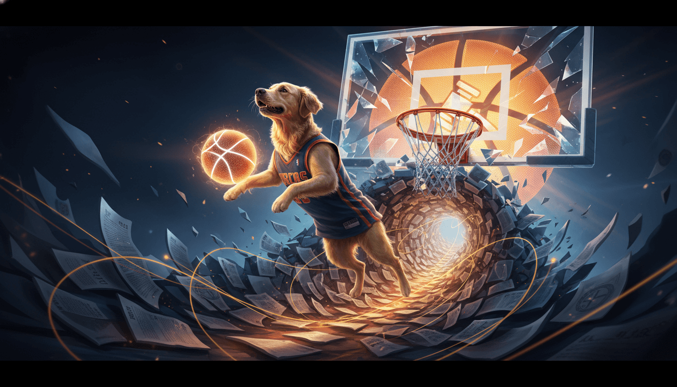 Basketball-playing golden retriever looking at a complex legal document.