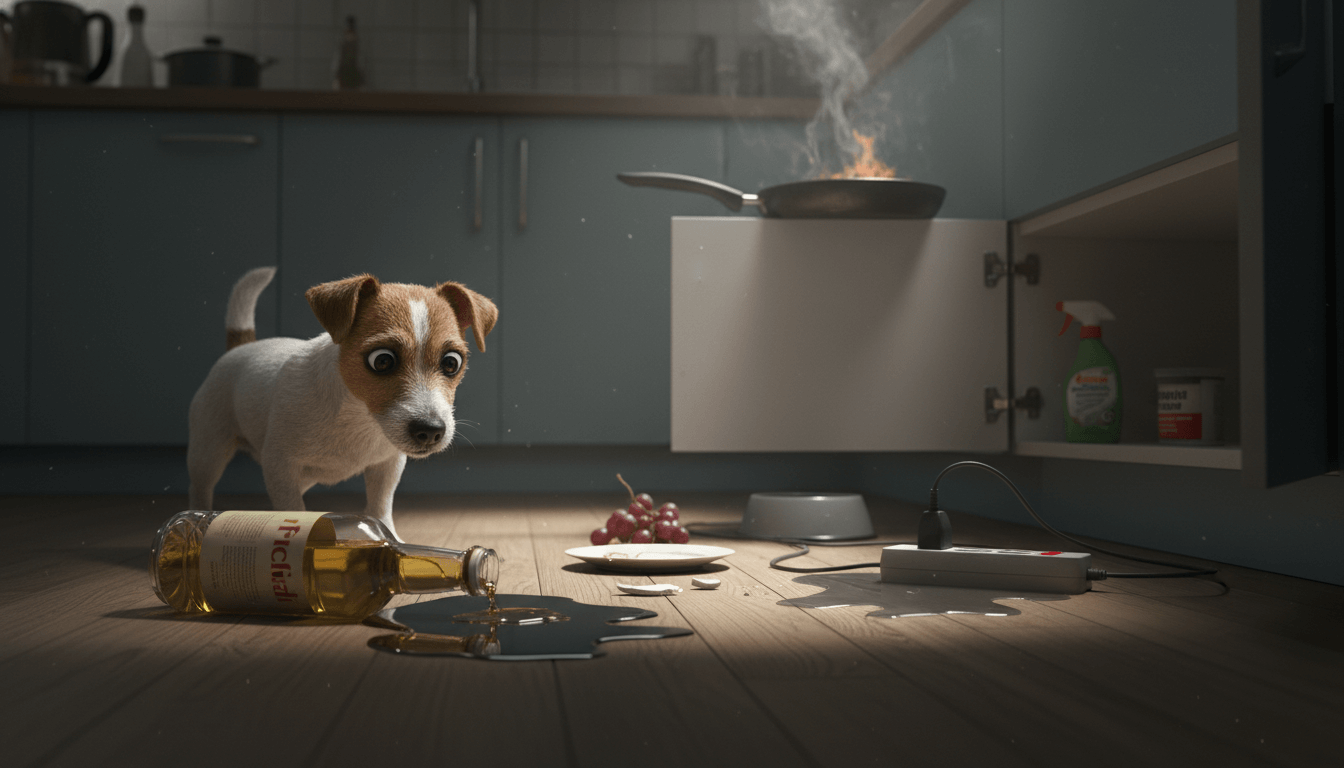 Small dog cautiously navigates a kitchen filled with oversized dangers like knives and hot stoves.
