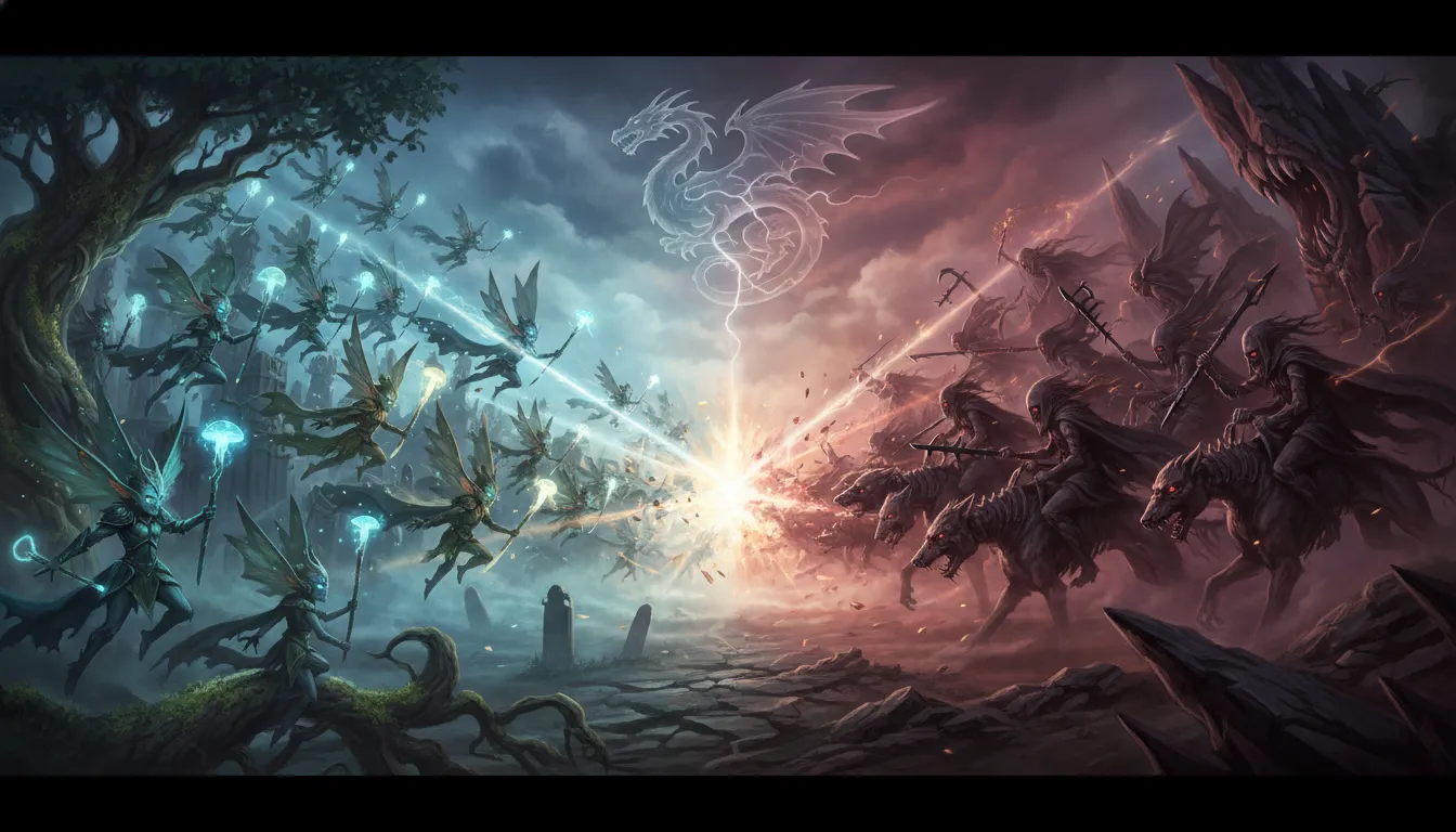 Welsh mythical fair folk battling ugly mountain hags in a great war.