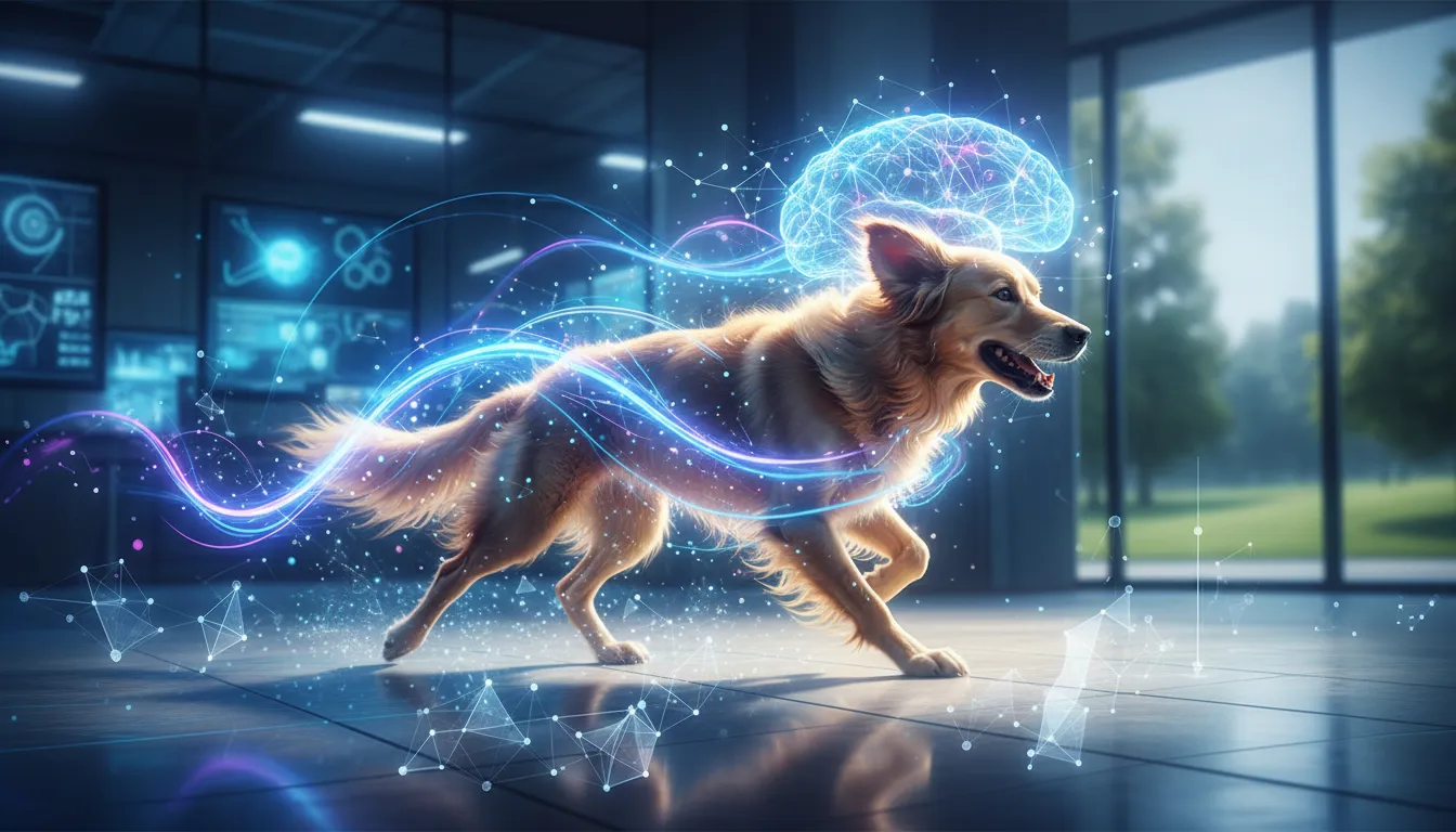 Dog mid-zoomie with scientific diagrams, representing FRAP research.