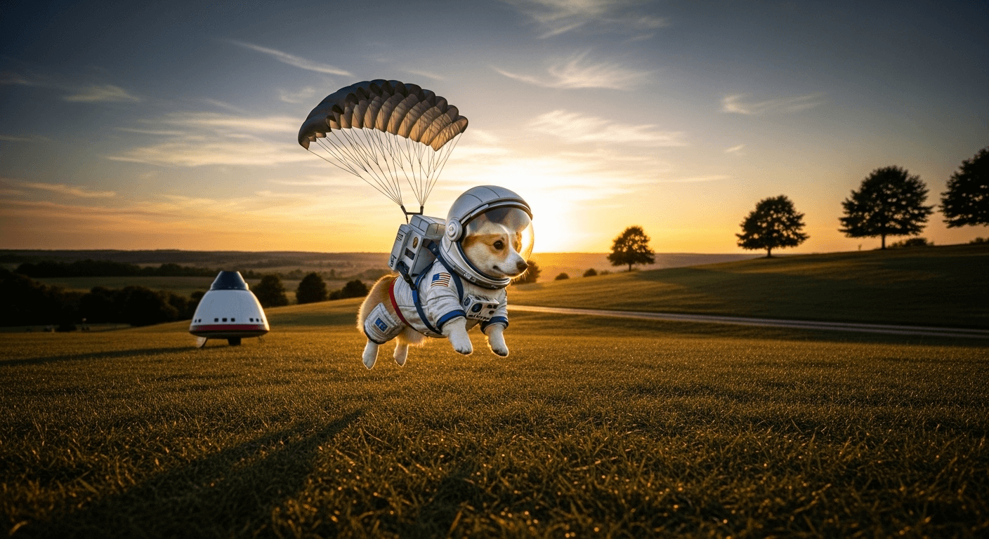 A corgi parachuting down onto farmland with its escape pod in the background