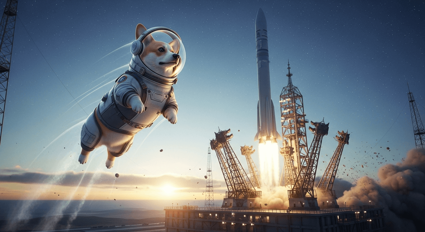 A corgi jumping next to a launching space craft
