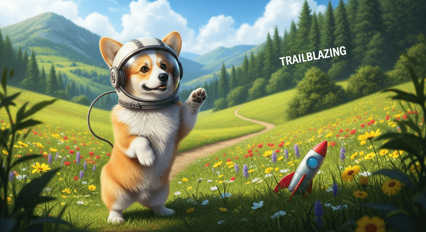 A corgi in an astronaut helmet, in a bright colored meadow with a tiny toy rocket next to it