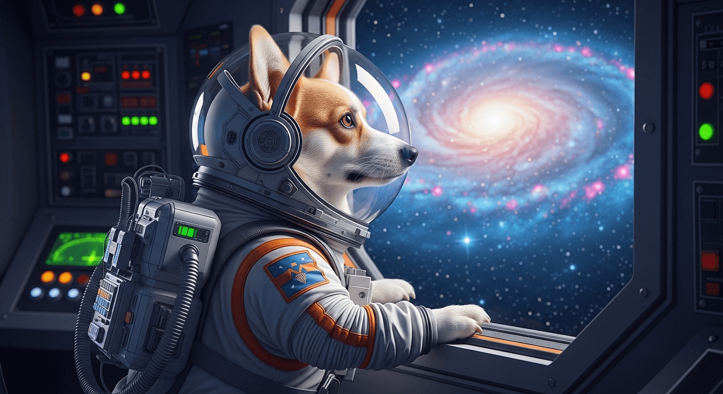 A corgi in outerspace, looking out from a control deck in a space station