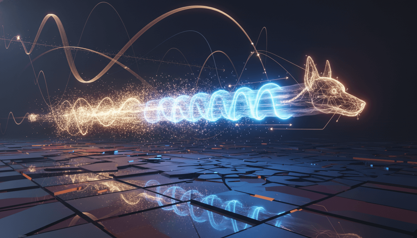 Energetic pet zoomie, motion blur illustrating rapid acceleration physics.