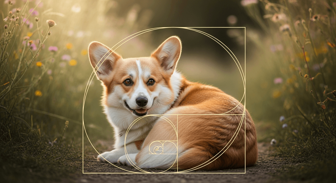 Corgi sitting in a sunny field of wildflowers with a golden ratio spiral overlay demonstrating photographic composition.