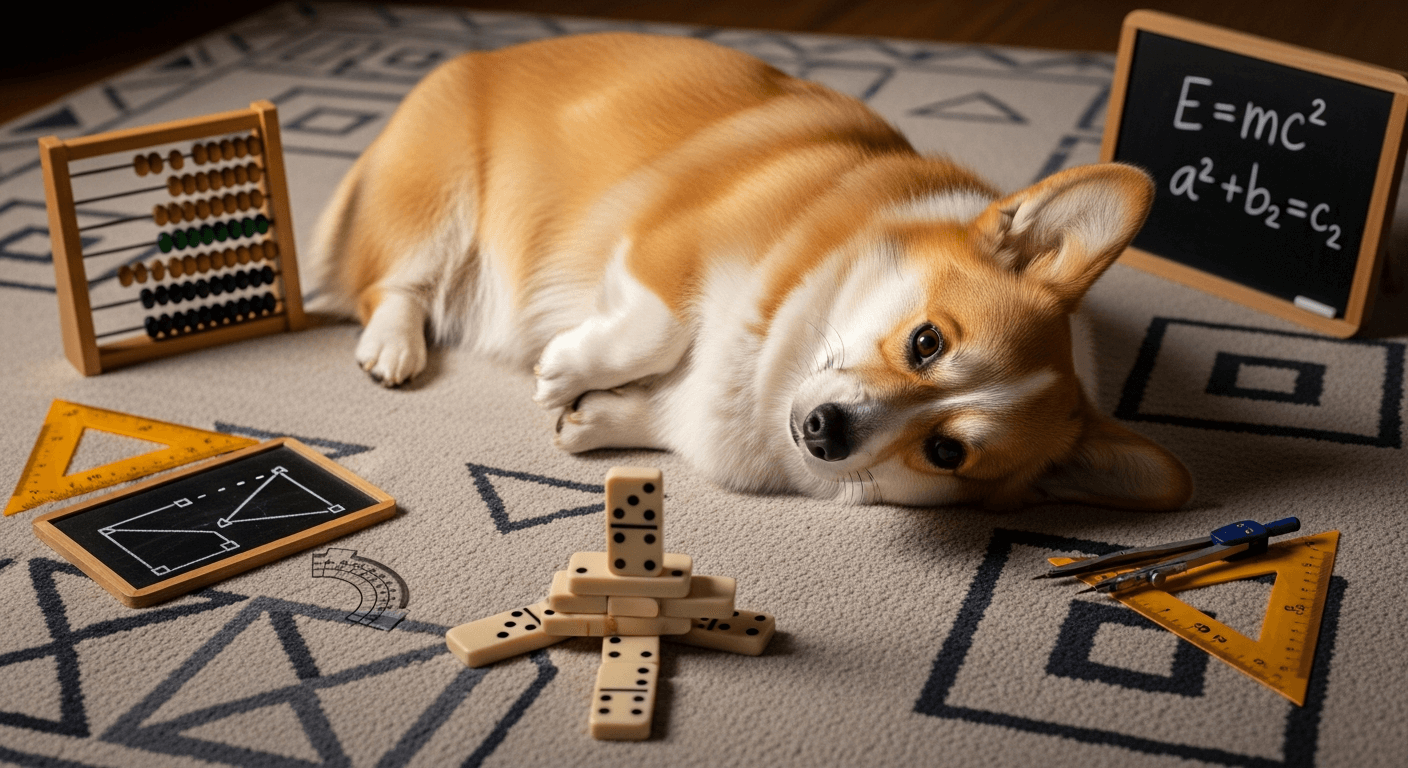 Corgi lying on a rug surrounded by math-themed items including an abacus, rulers, dominoes, and small blackboards with equations.