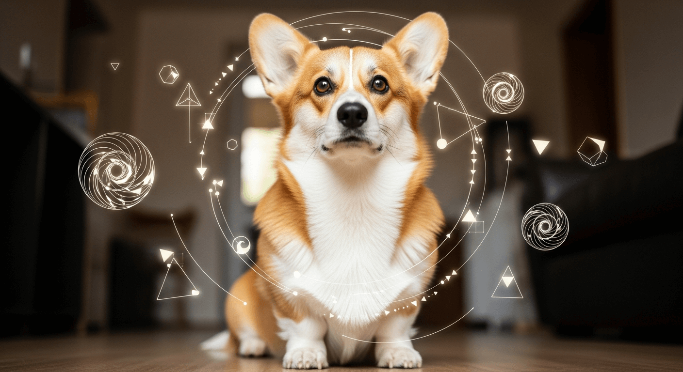 Corgi sitting indoors, surrounded by glowing white geometric patterns and spirals floating in the air.