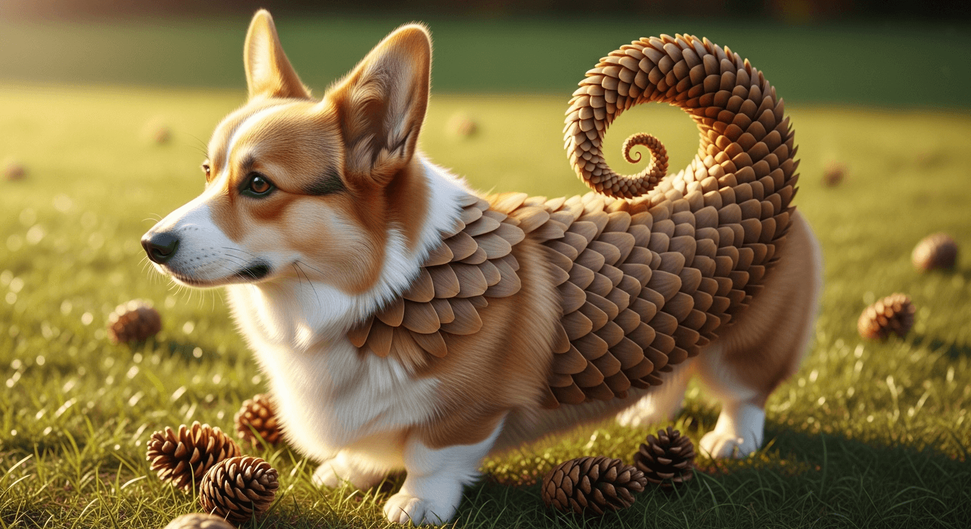 Surreal image of a Corgi standing in a grassy field surrounded by pinecones, with its back and spiraled tail transformed into the texture of pinecone scales.
