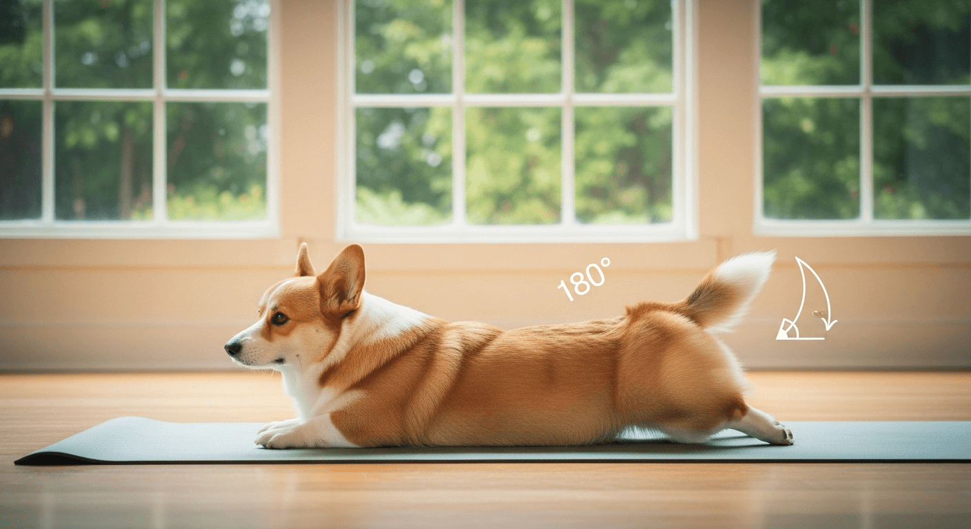 Corgi performing a sploot stretch on a yoga mat with a graphic overlay measuring a perfect 180-degree angle.