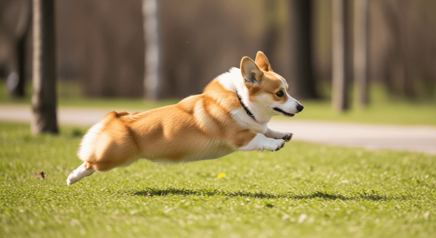 Action shot of an energetic Corgi sprinting across a grassy park, caught mid-air with all four paws off the ground.