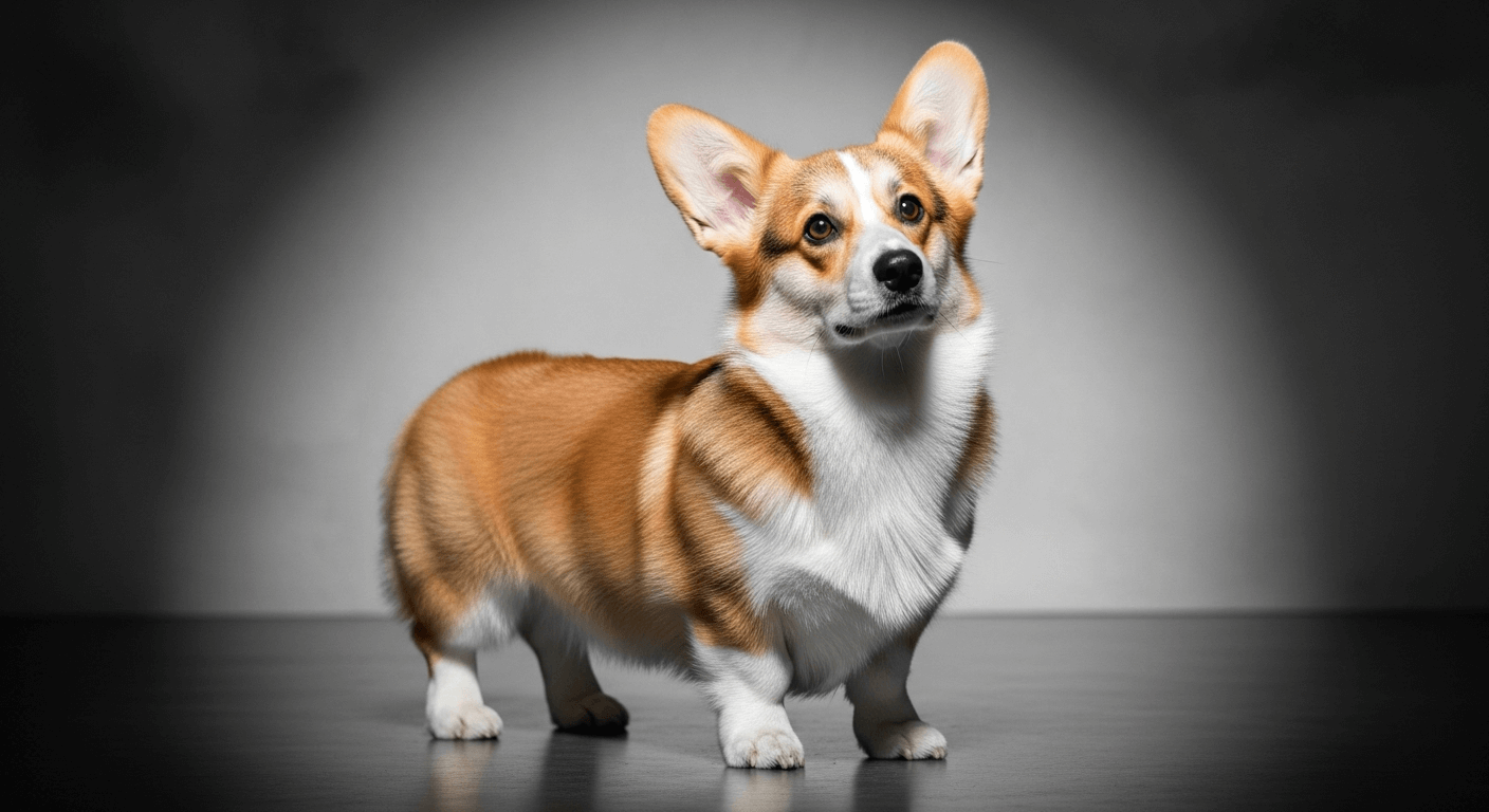 A cute, fluffy corgi with white and brown fur stands on a dark surface against a subtly lit gray background, looking up expectantly.