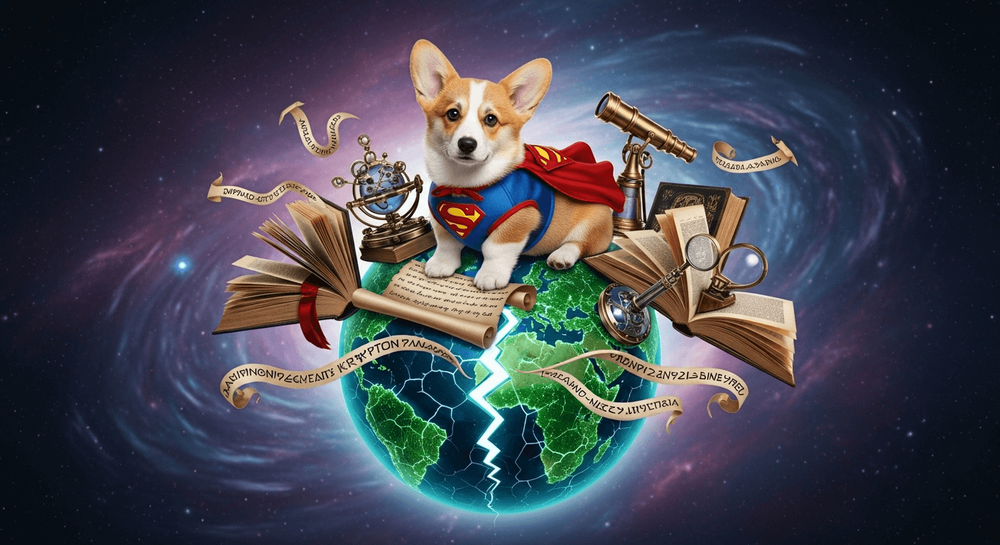 A Superman-corgi sits atop a cracked Earth, surrounded by ancient scrolls, open books, and vintage scientific instruments, all against a cosmic background.