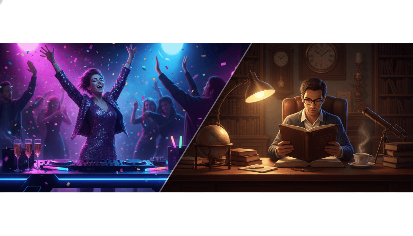 Visualizing a party-goer contrasting with a quiet intellectual.