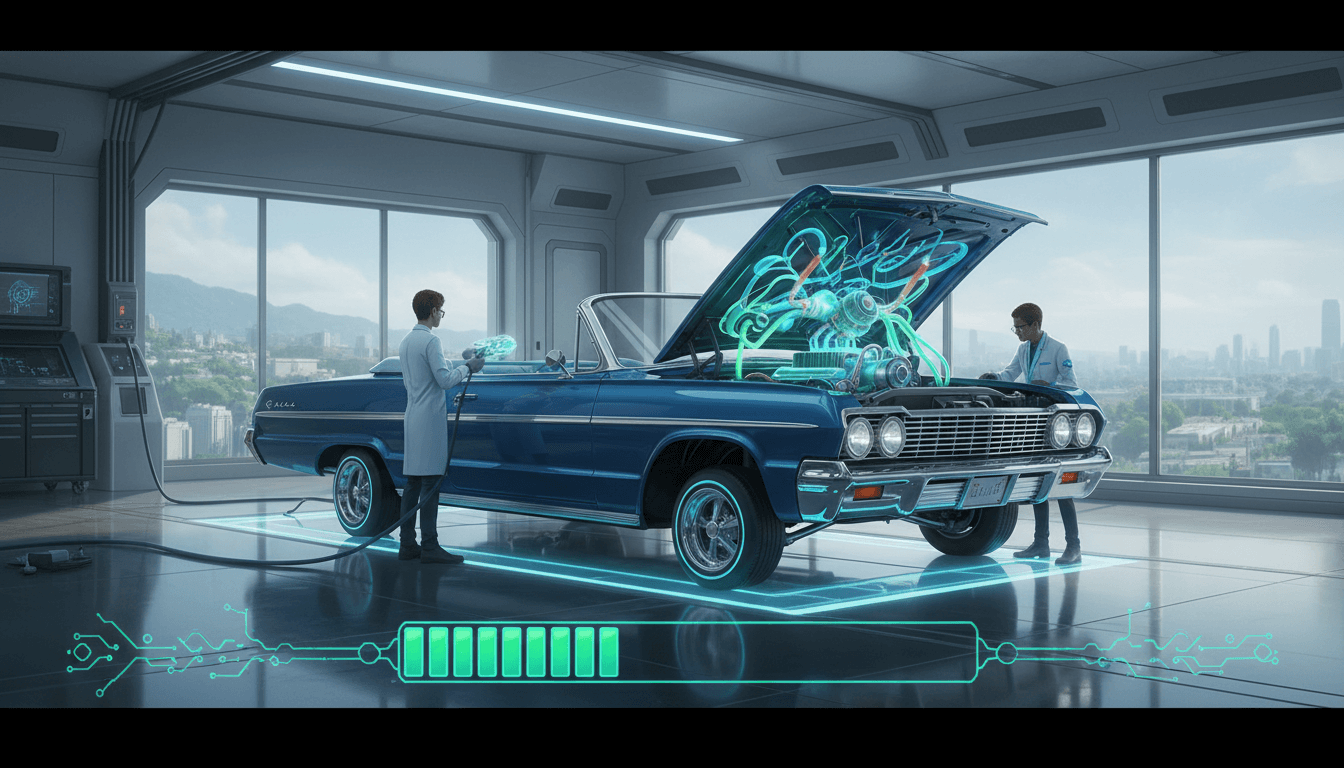 Gleaming low-rider being meticulously serviced in a garage.