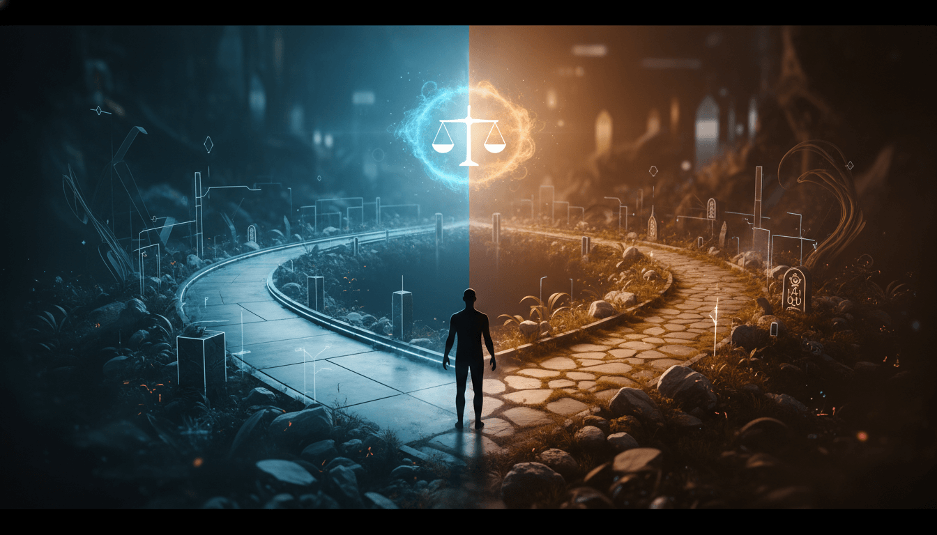 Person pondering two options, weighing pros and cons.