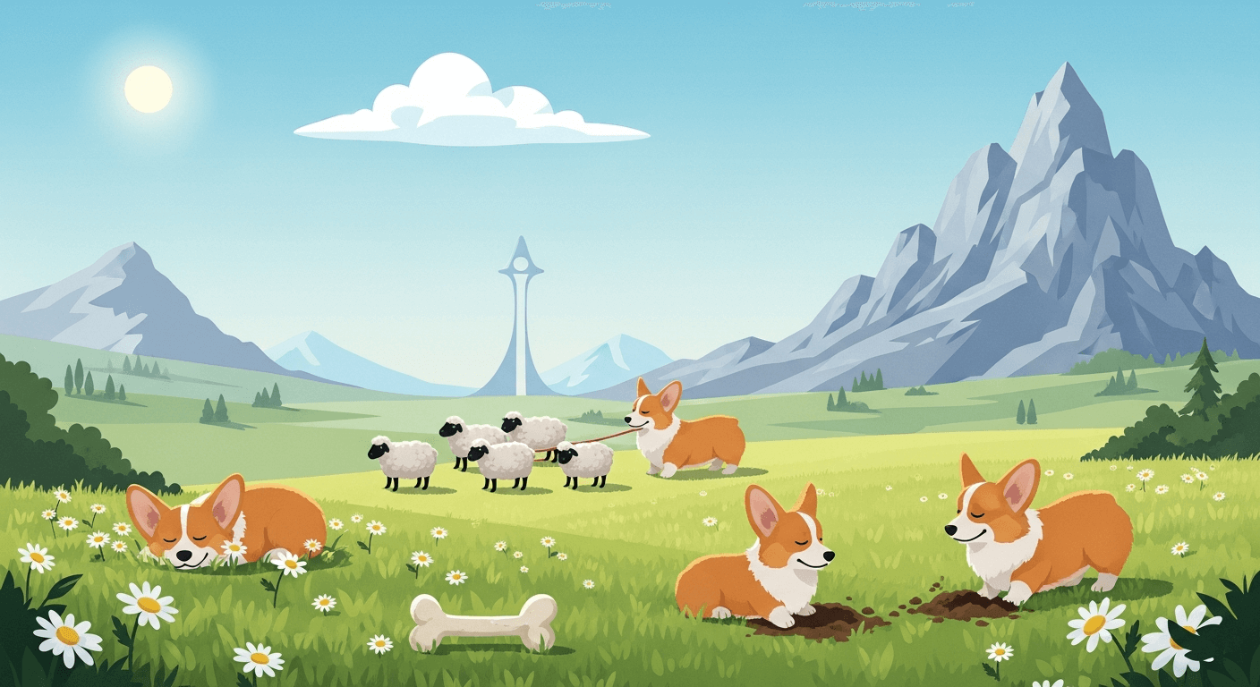 A playful cartoon scene of Corgis in a sunny mountain meadow, herding sheep, sleeping in daisies, and digging holes.