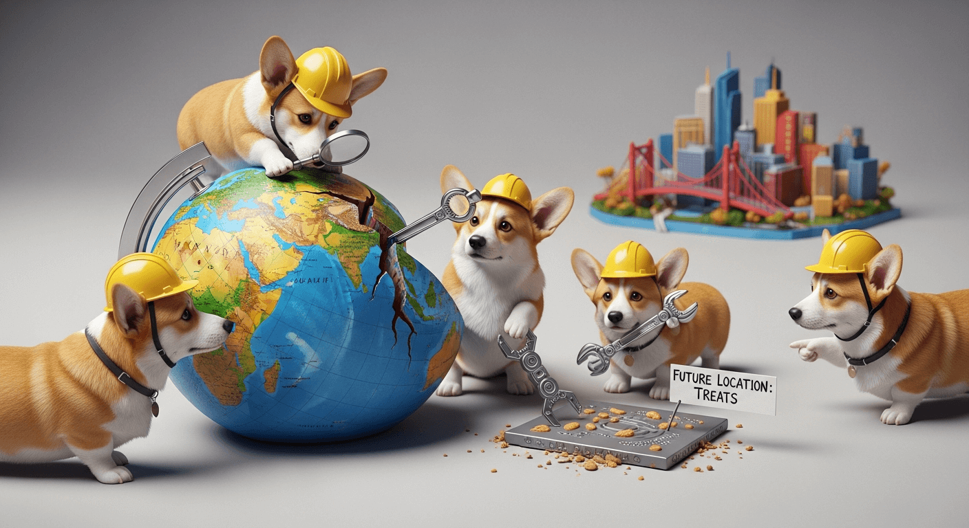 A team of Corgis in hard hats playfully fix a cracked globe with wrenches, one pointing to a "FUTURE LOCATION: TREATS" sign.