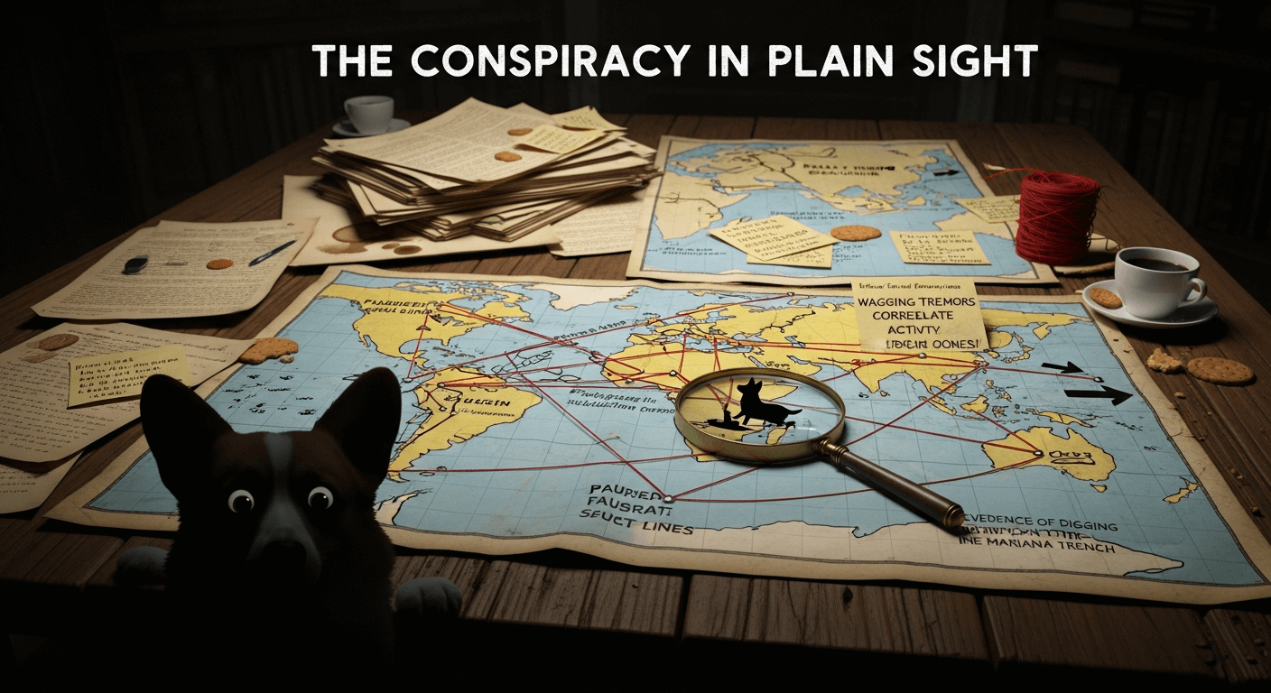 A startled Corgi peeks over a wooden desk covered with world maps, red string, dog biscuits, and scattered notes, all arranged like a humorous conspiracy board.