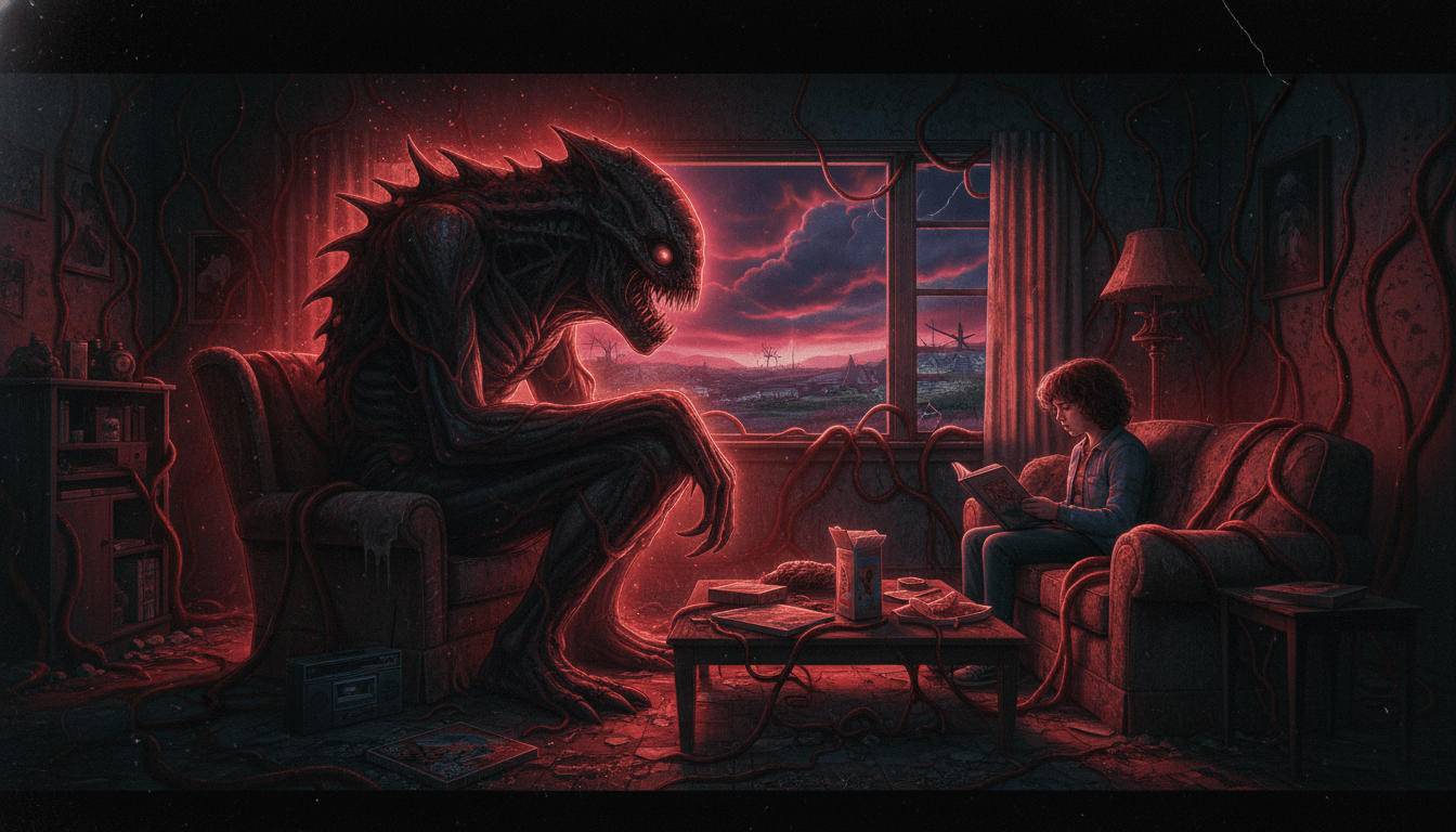 Stylized monster and human coexisting calmly, illustrating living with challenges.