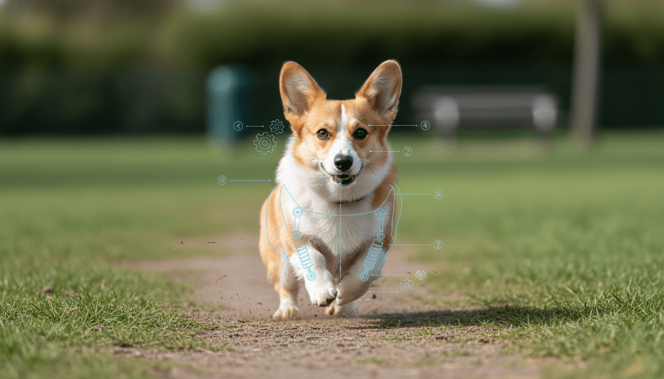 A low-set corgi with a determined expression runs directly towards the viewer on a grassy path. Overlaid on its body are light blue, glowing mechanical and skeletal outlines, suggesting gears, pistons, and structural engineering diagrams. The background is a blurred green park.