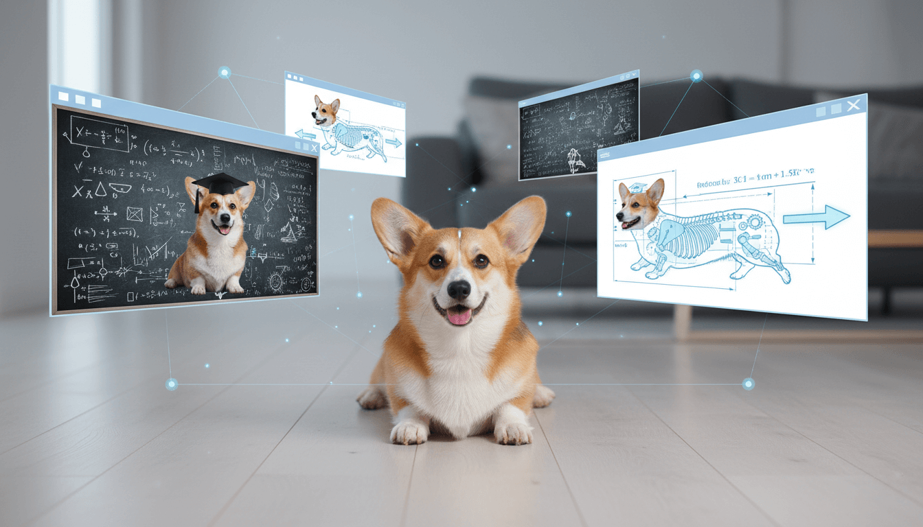 A happy corgi lies in a relaxed position on a light wooden floor in a modern living room. Around it, several glowing, semi-transparent digital screens or windows float in the air. These screens display various "peer-reviewed meme" style images of corgis, including one wearing a graduation cap in front of a chalkboard covered in scientific equations, and others showing corgis with overlaid skeletal diagrams and measurement lines, suggesting scientific analysis of their form and mechanics. The screens are connected by faint, glowing lines, indicating a network or flow of information.