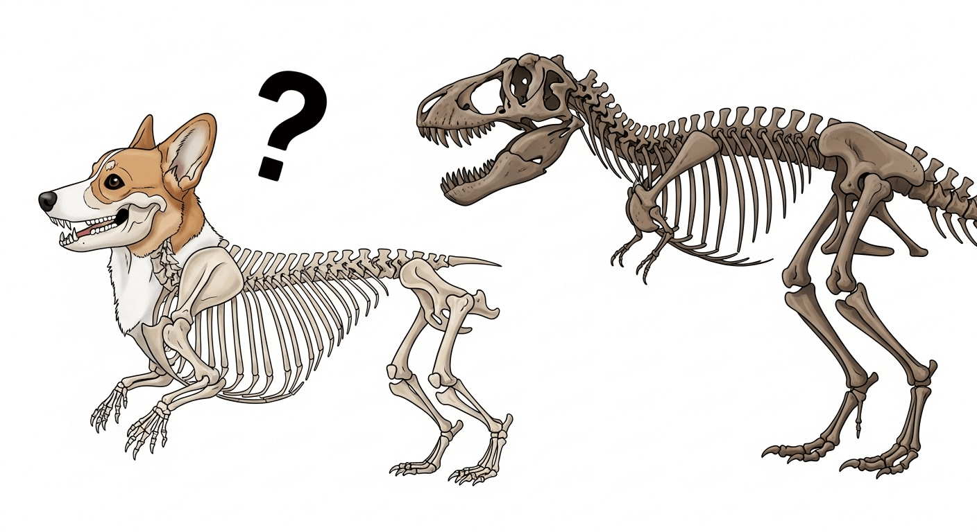 Humorous illustration of a Corgi head on a skeletal body next to a T-Rex skeleton.