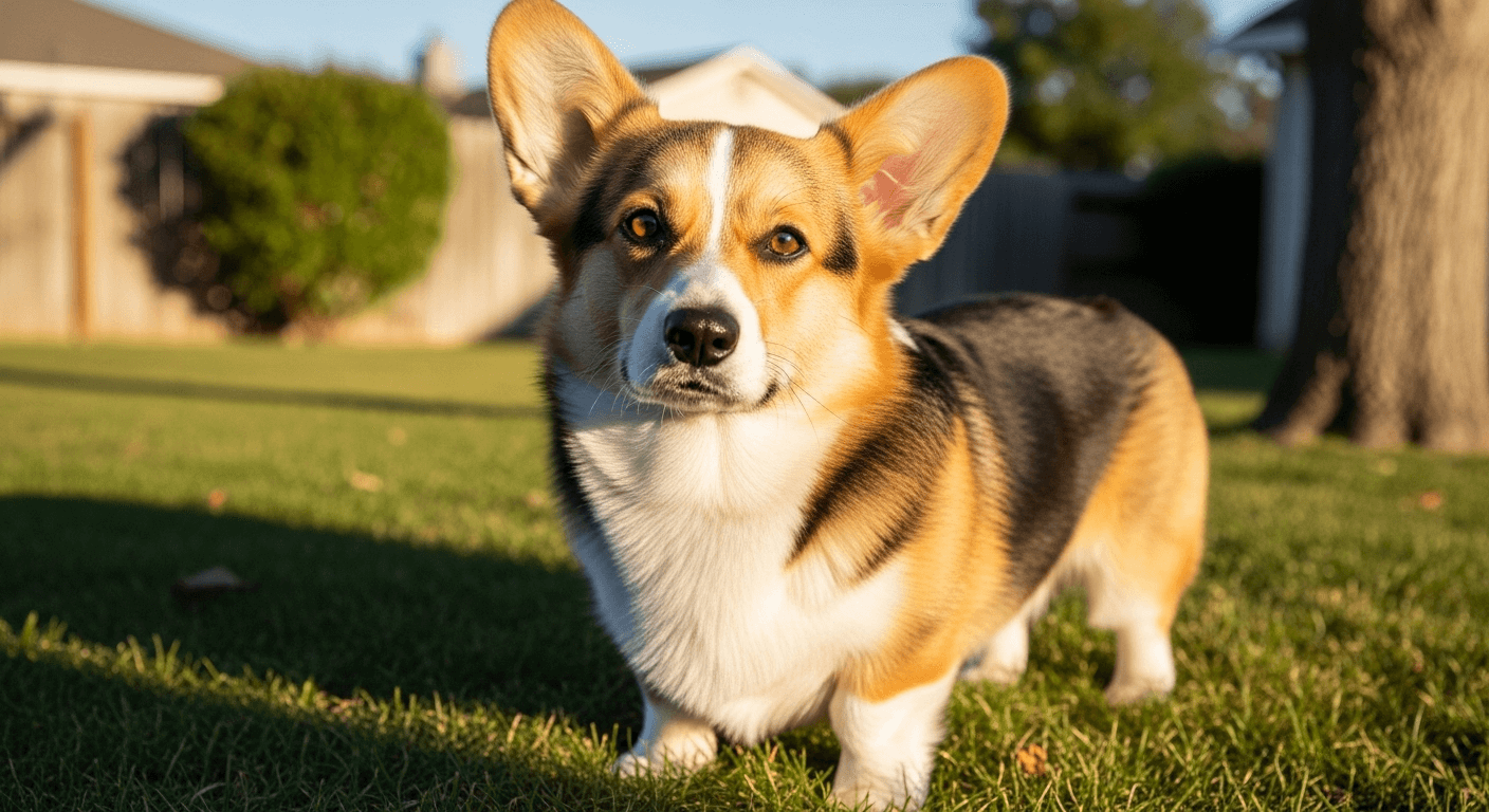 Corgi dog standing on a green lawn in a sunny backyard.