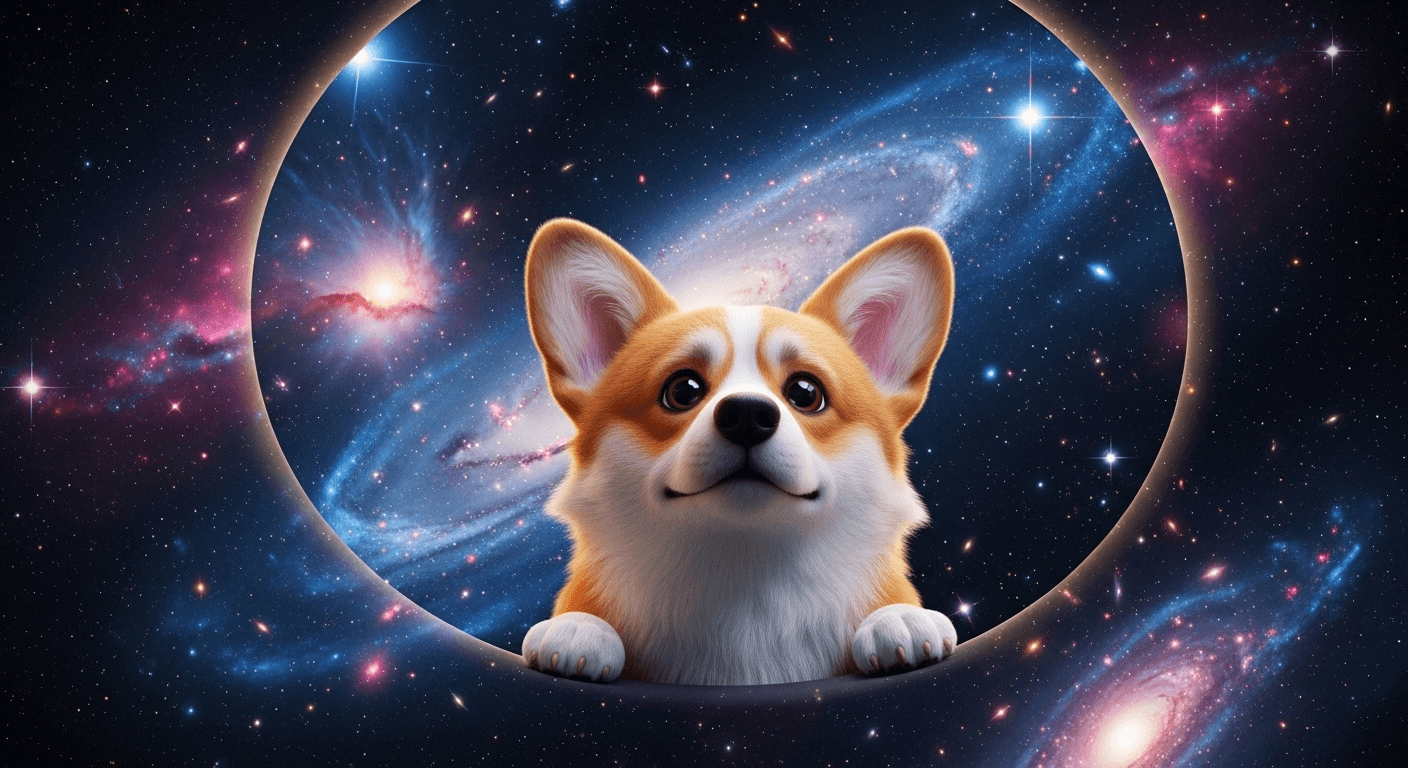An image of a cartoon looking corgi peering out into the universe