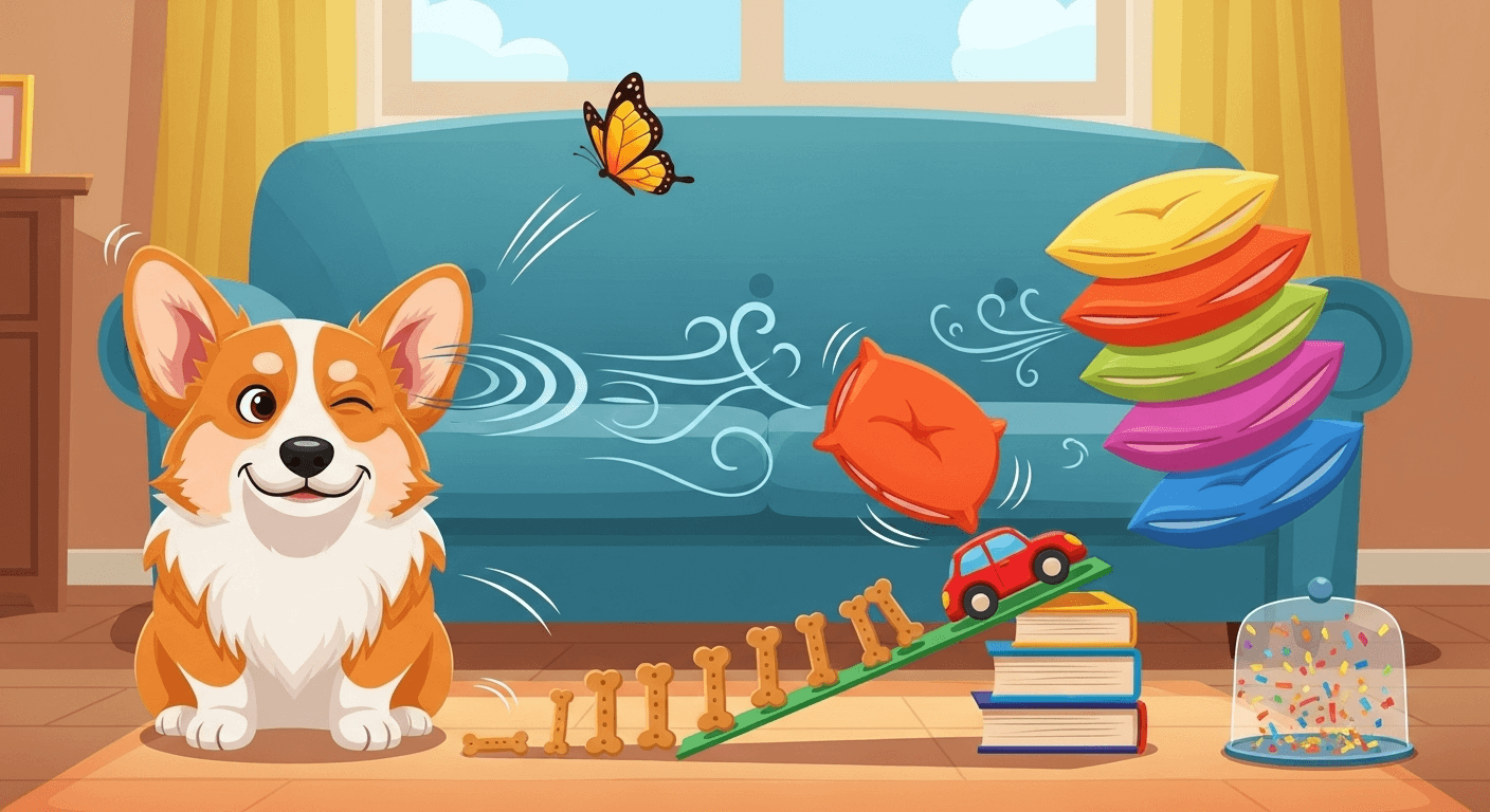 An illistration of a corgi using it's ears to set a toy car in motion