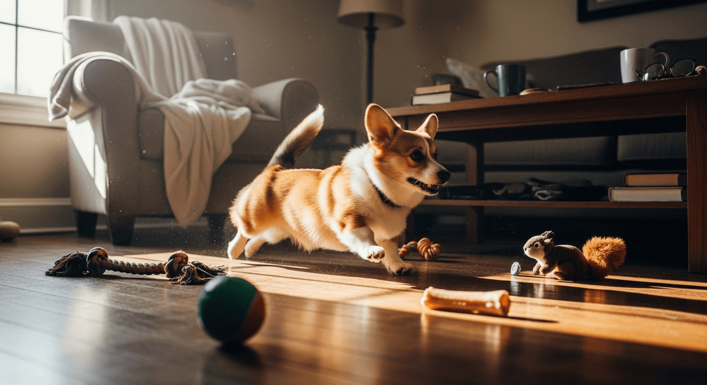 A corgi running in the living room surrounded by different toys