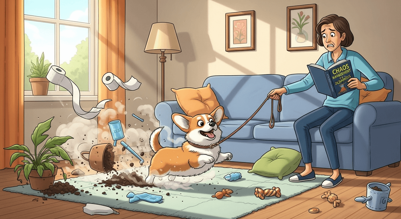 A drawing of a corgi in mid zoomie, breaking some planters along side a nervous owner