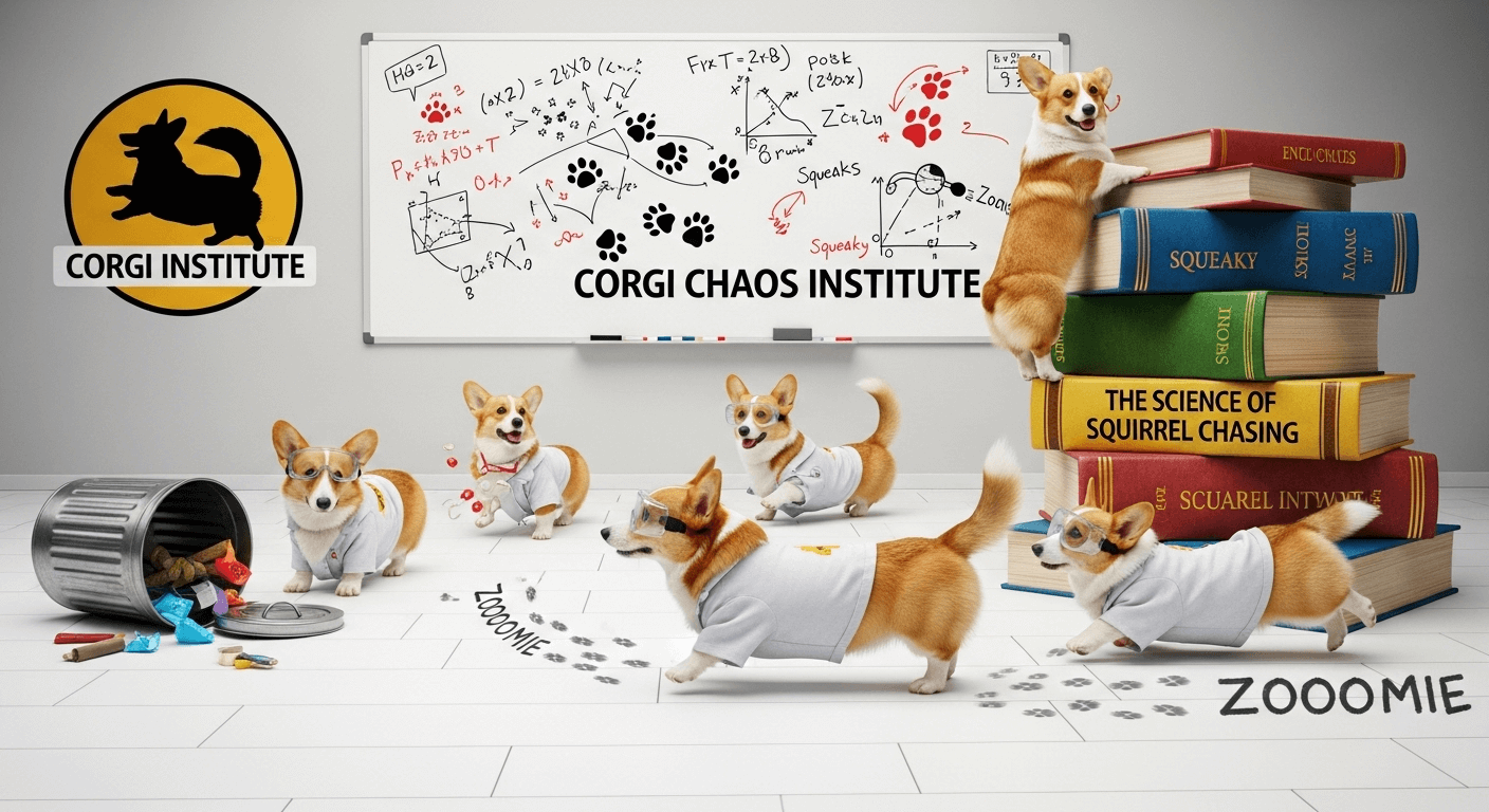 Six corgis in lab coats and saftey googles in a lab titled the corgi chaos institute