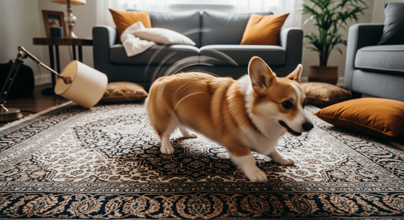 A corgi in the middle of the living room, with throw pillows on the ground a lamp knocked over