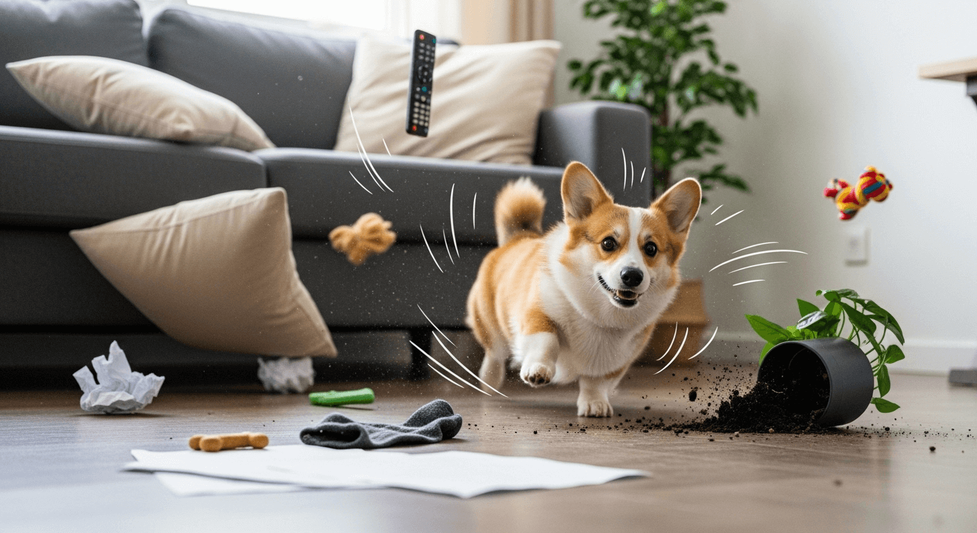 A running in the living room, knocking down a plant and some throw pillows