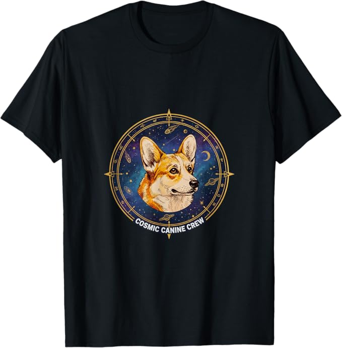 A t-shirt with the planet of the corgis logo depicted on it with the galaxy behind it