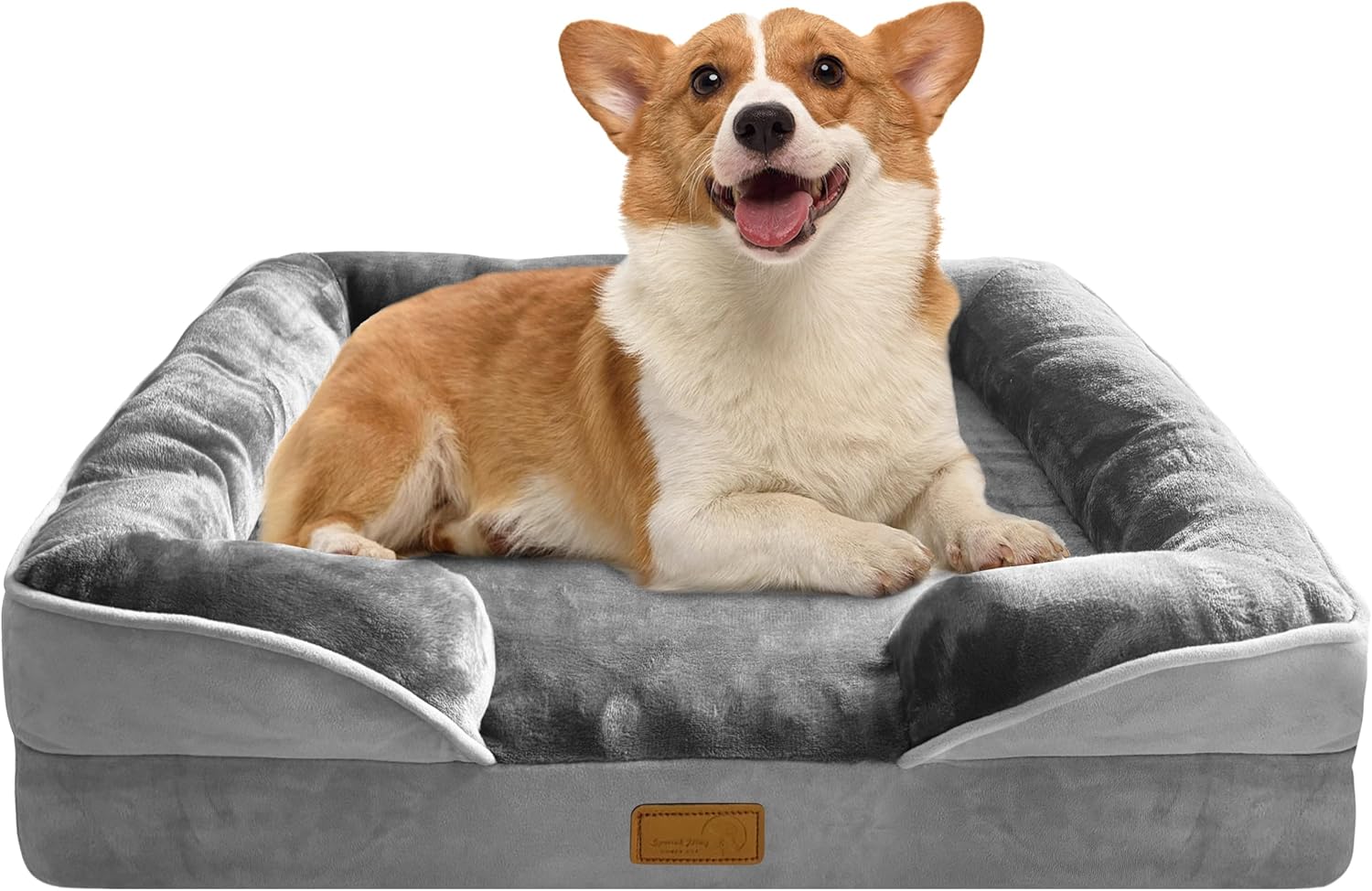 A medium-sized, grey orthopedic dog sofa bed with raised sides, a plush sleeping surface, and a lowered entrance.