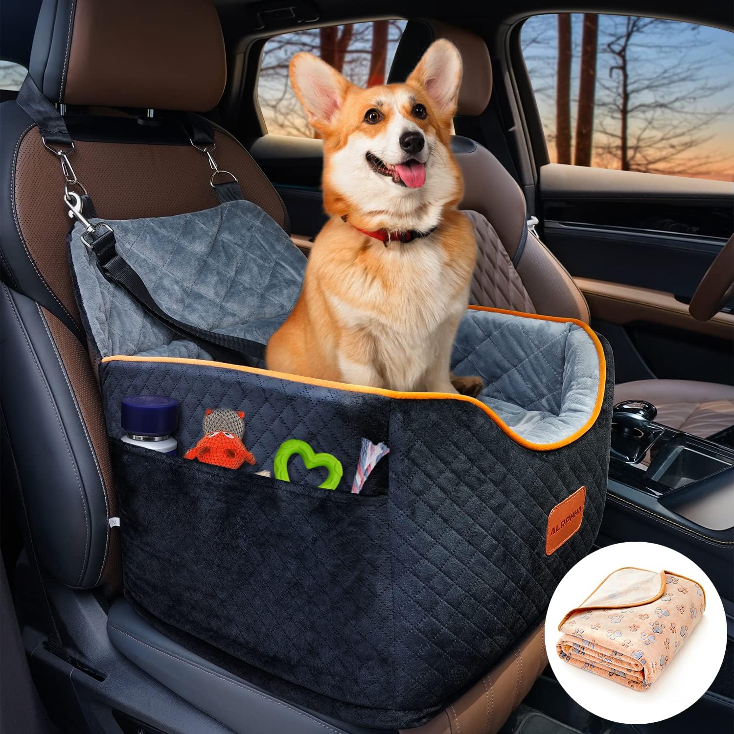 A black, elevated car seat for a dog, featuring a comfortable interior with a white and black paw print blanket.