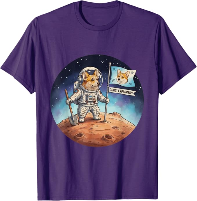 A t-shirt with a corgi wearing an astronaut suit on a planet