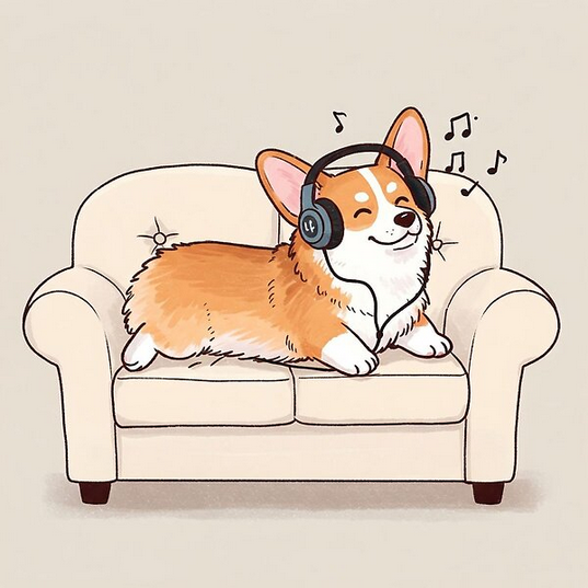 A cartoon depiction of a corgi sitting on the couch, enjoying music through its headphones.