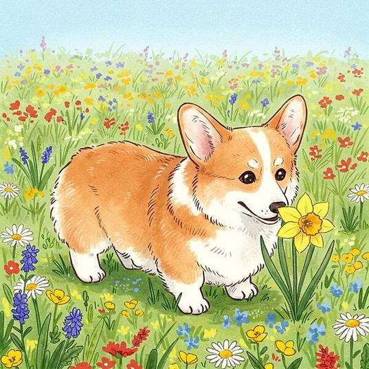 A cartoon corgi in a meadow of flowers, sniffing the aroma with pure happiness