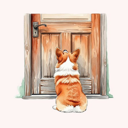 A water color painting of a back-view image of a welsh corgi sitting and looking at a wooden door.