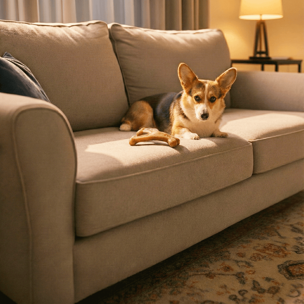 Rufus on the couch with the Benebone Wishbone