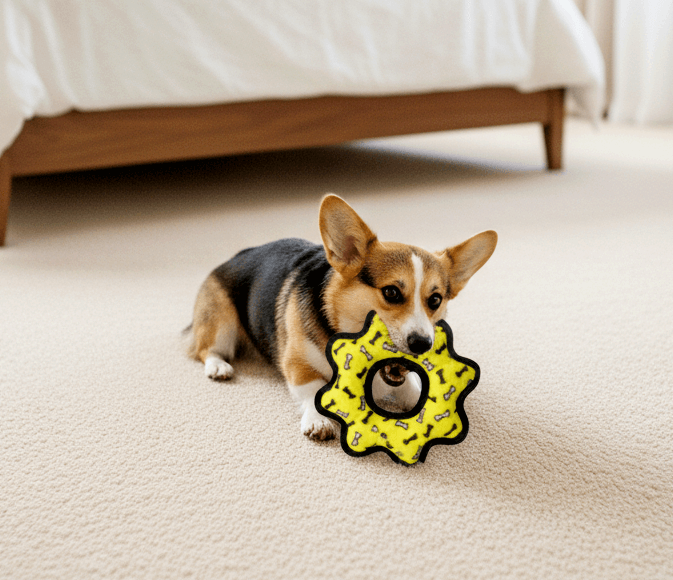 Rufus in our room playing with a Tuffy's Ultimate Gear Ring