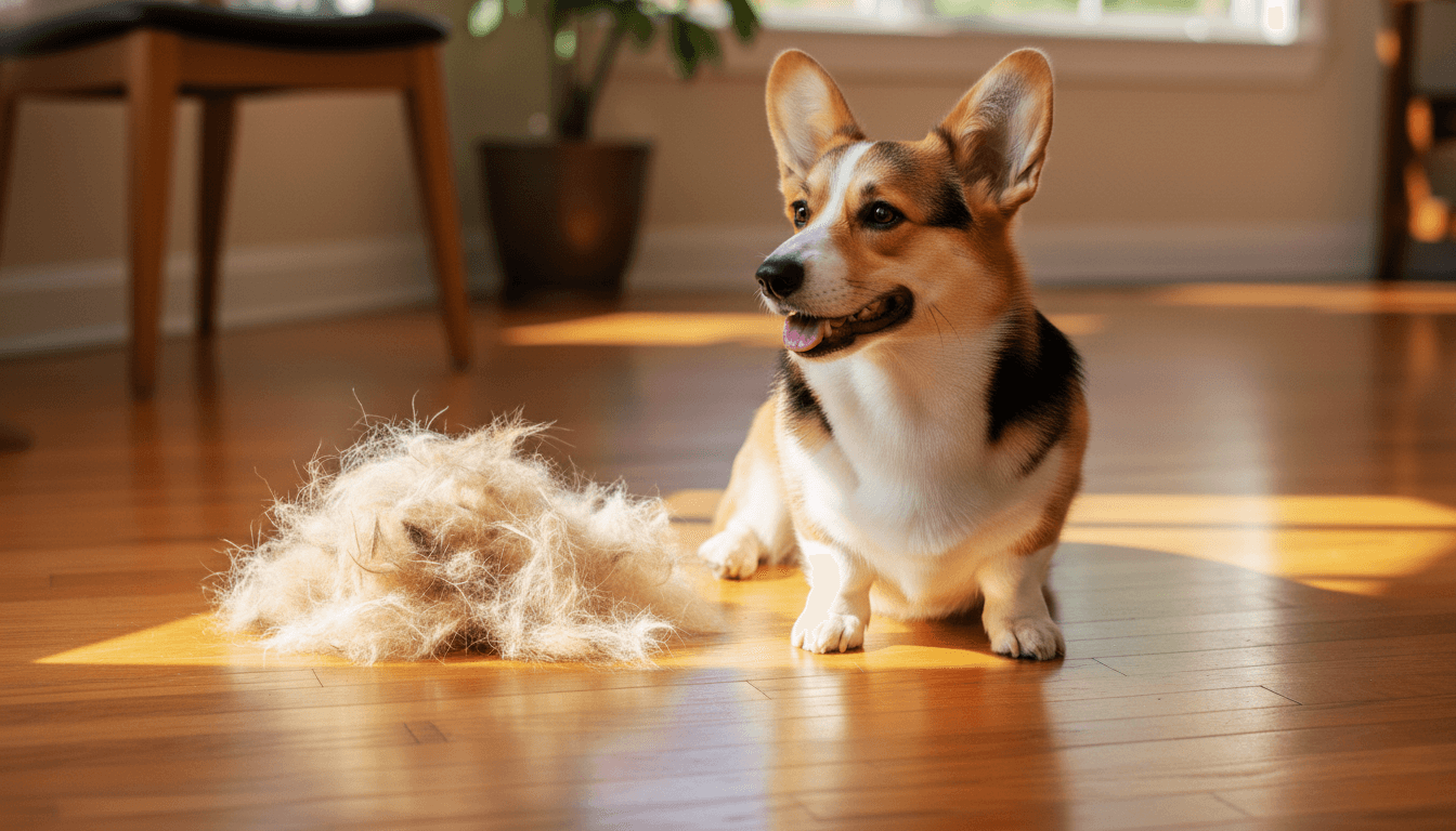 Rufus the corgi sitting on a hardwood floor next to a large pile of shed fur.